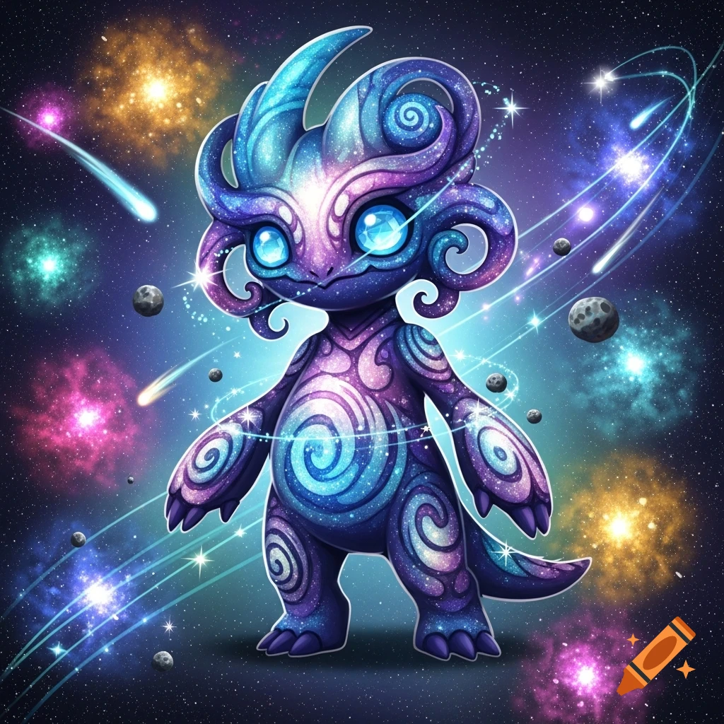 A vibrant, stylized cosmic-elemental monster with blue and purple swirling patterns and glowing eyes, set against a starry galaxy with nebulae and planets.