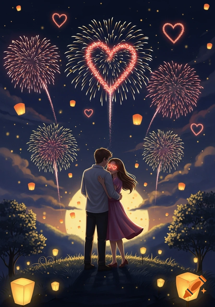 An illustrated romantic couple embraces under a night sky illuminated by heart-shaped fireworks and lanterns.