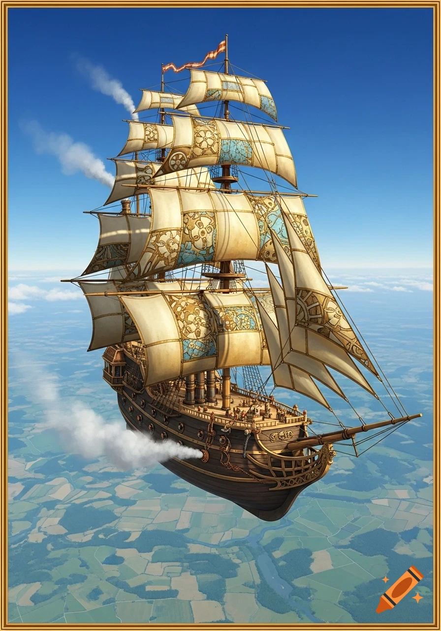 A detailed steampunk ship with ornate sails flies high above a green and blue landscape under a clear blue sky.
