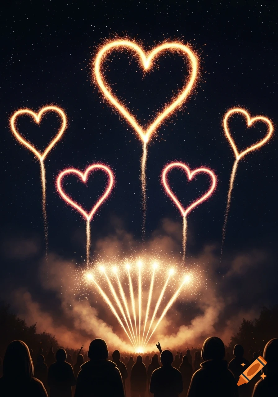 A crowd watches heart-shaped sparkler fireworks explode in the night sky.