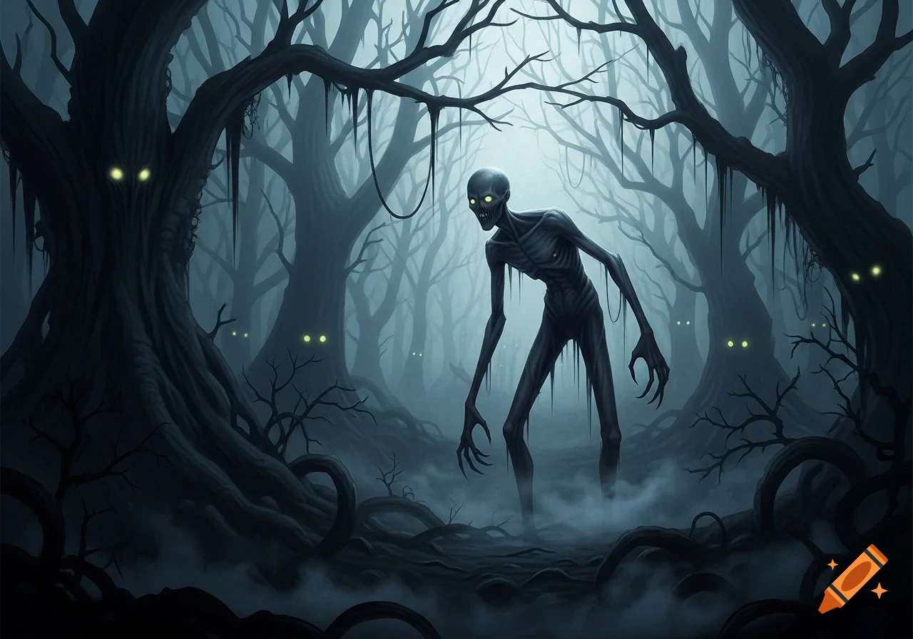 A gaunt, grey monster with glowing yellow eyes stands in a dark, misty forest with twisted trees and more glowing eyes, in a horror style.