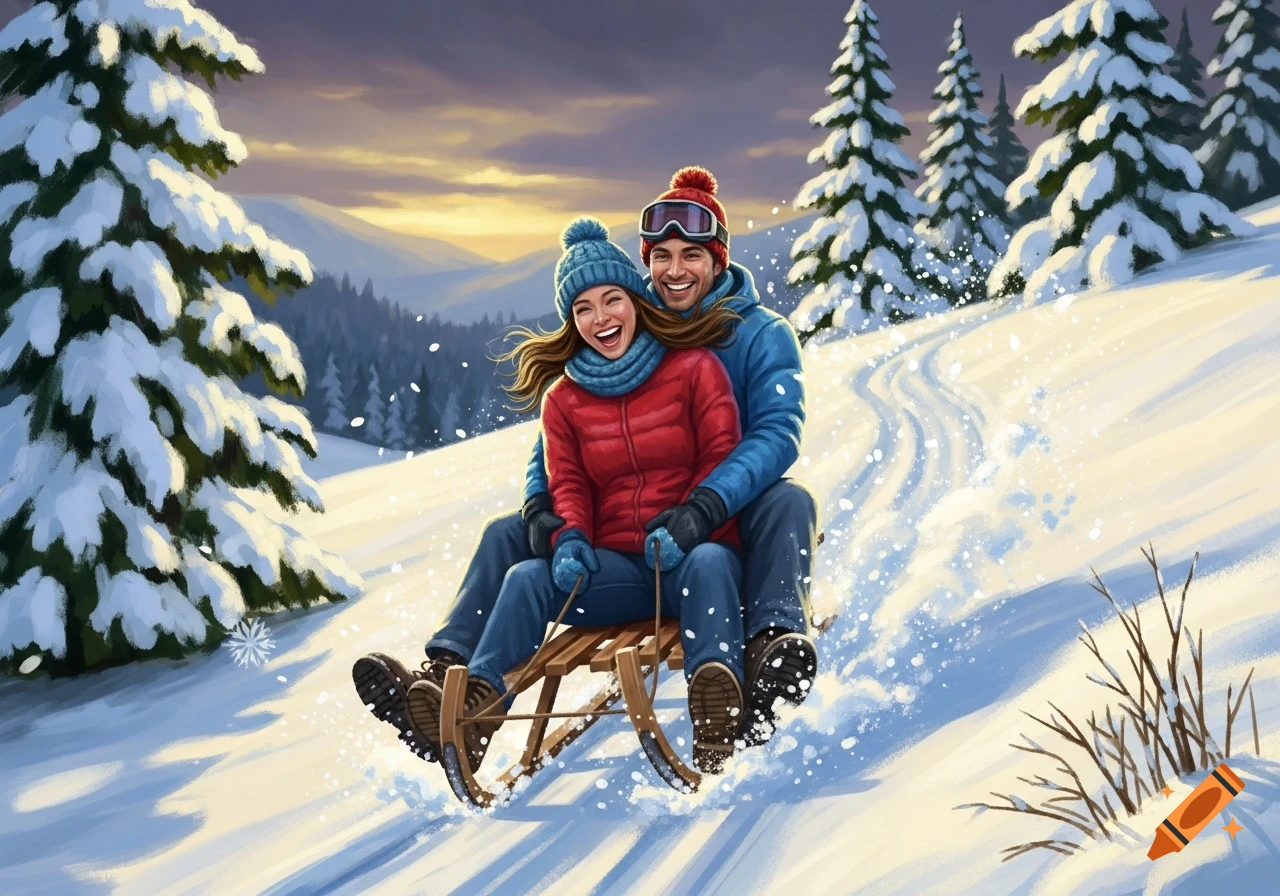 A happy couple sledding down a snowy hill, surrounded by snow-covered pine trees under a sunset sky, painted style.
