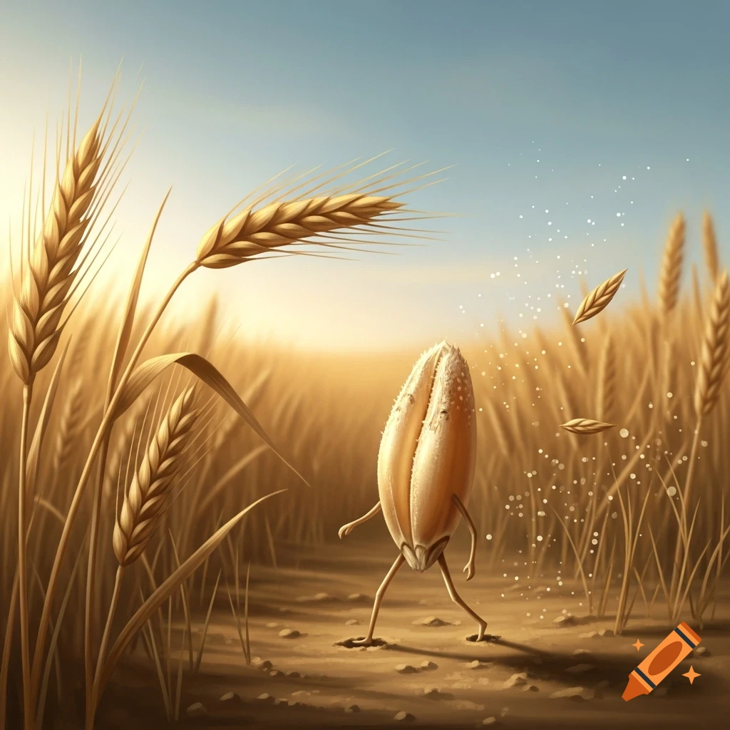 A cartoon anthropomorphic wheat grain with small legs walks through a golden wheat field under a blue sky.
