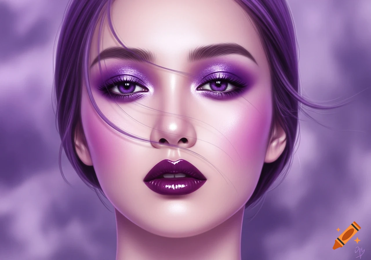 Close-up of a woman's face with vibrant purple eyeshadow, dark purple lipstick, and purple hair, set against a blurred purple background.
