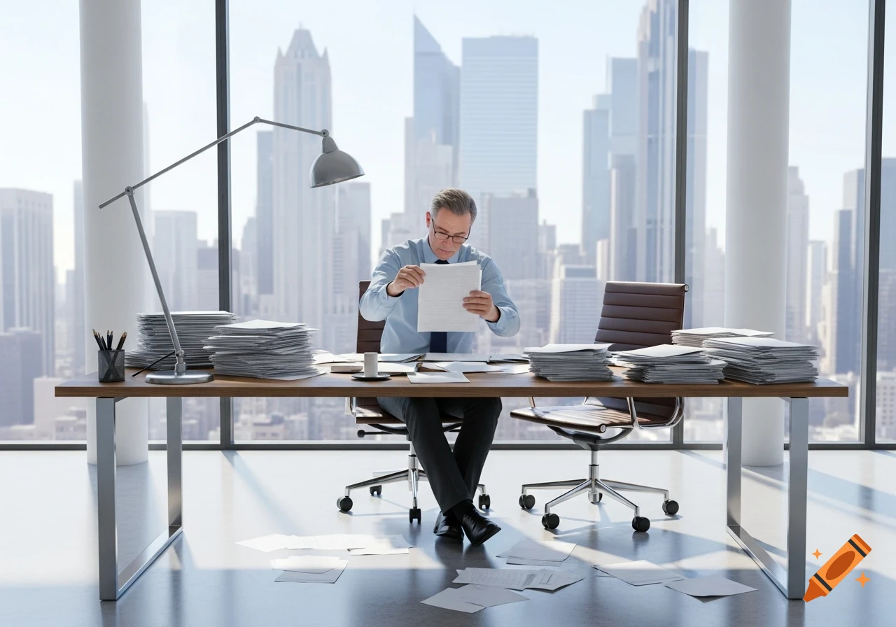 A man sits at a modern office desk, surrounded by stacks of papers, reviewing a document, with a city skyline outside the window.