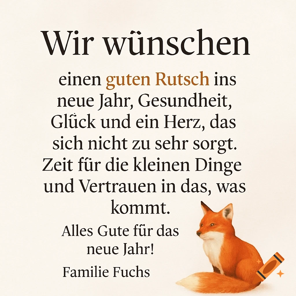 A New Year's greeting card with German text and an illustration of a sitting red fox.