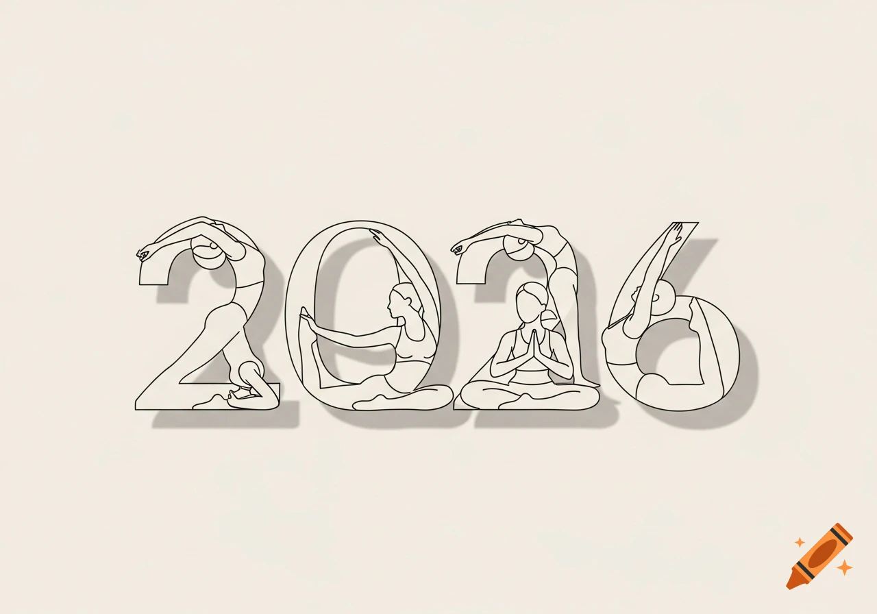 Minimalist line art illustration forming the number 2026 with figures in yoga poses.