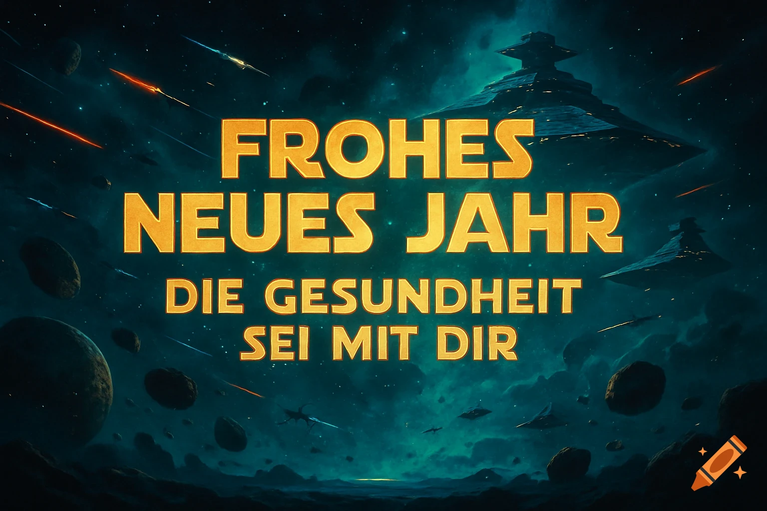 Star Wars themed New Year's greeting in space with gold text 'Frohes Neues Jahr Die Gesundheit Sei Mit Dir', Star Destroyers, and asteroids.