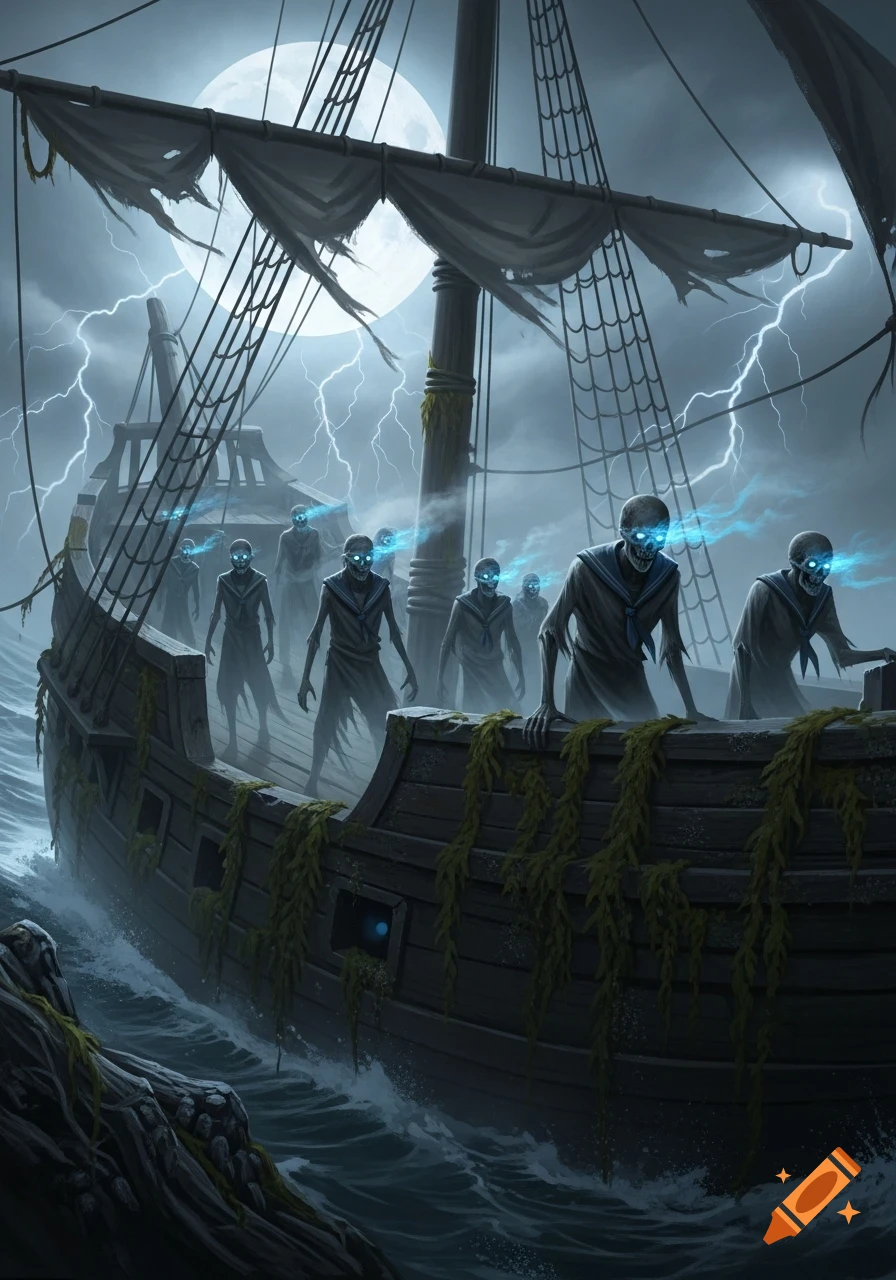 Undead sailors with glowing blue eyes on a tattered ghost ship in a stormy sea under a full moon with lightning.