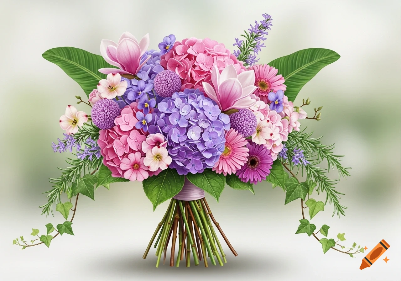 A vibrant wedding bouquet featuring pink and purple hydrangeas, pink magnolias, purple gerbera daisies, ivy, and rosemary against a soft background.