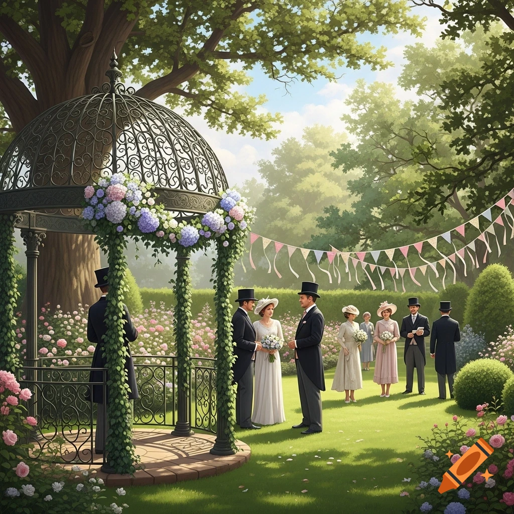 A formal wedding ceremony set in a lush green garden with a decorative gazebo adorned with flowers, and elegantly dressed guests.