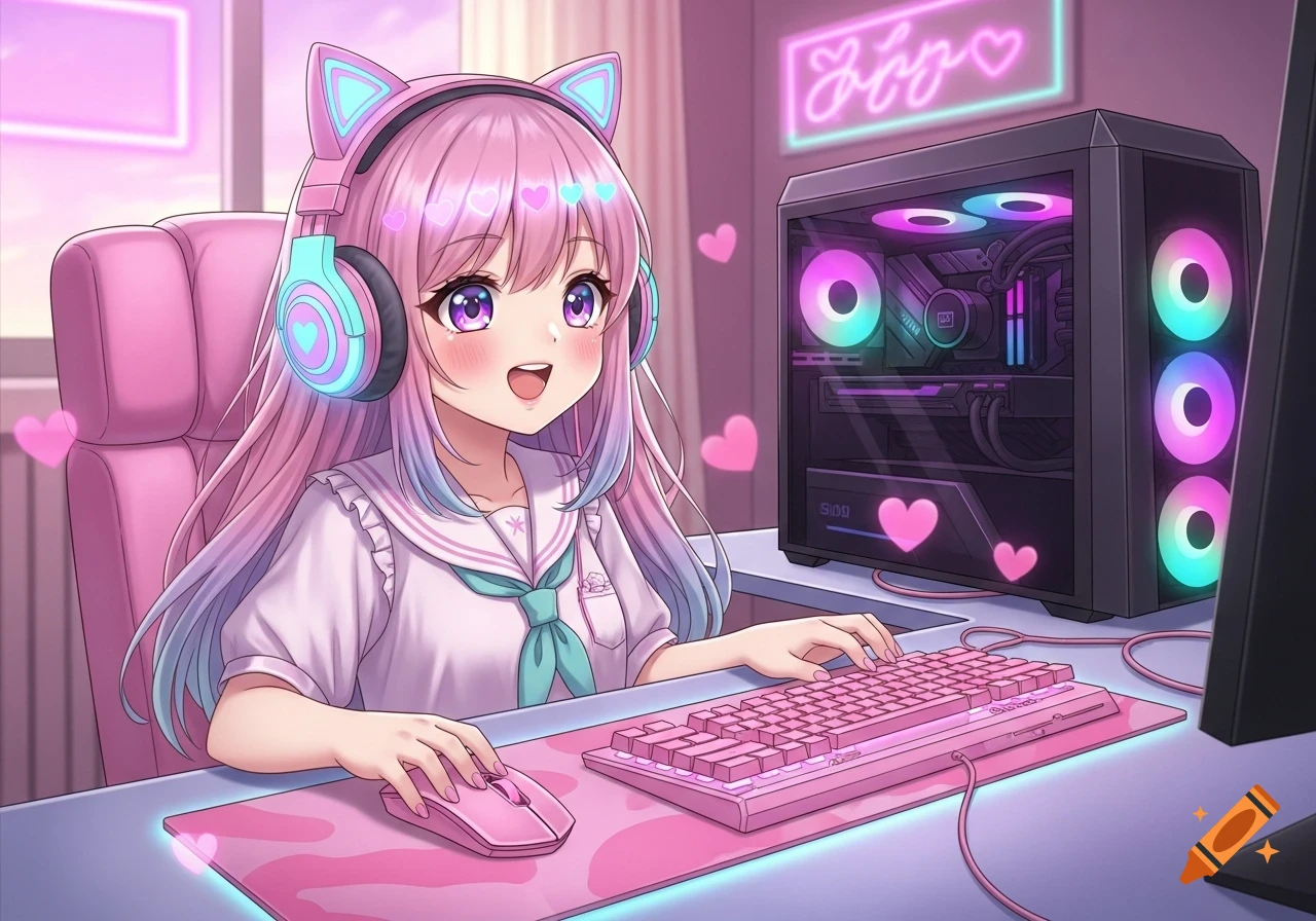 An anime girl with pink hair and cat headphones smiles while playing on a pink gaming setup with a pink keyboard, mouse, and RGB PC.