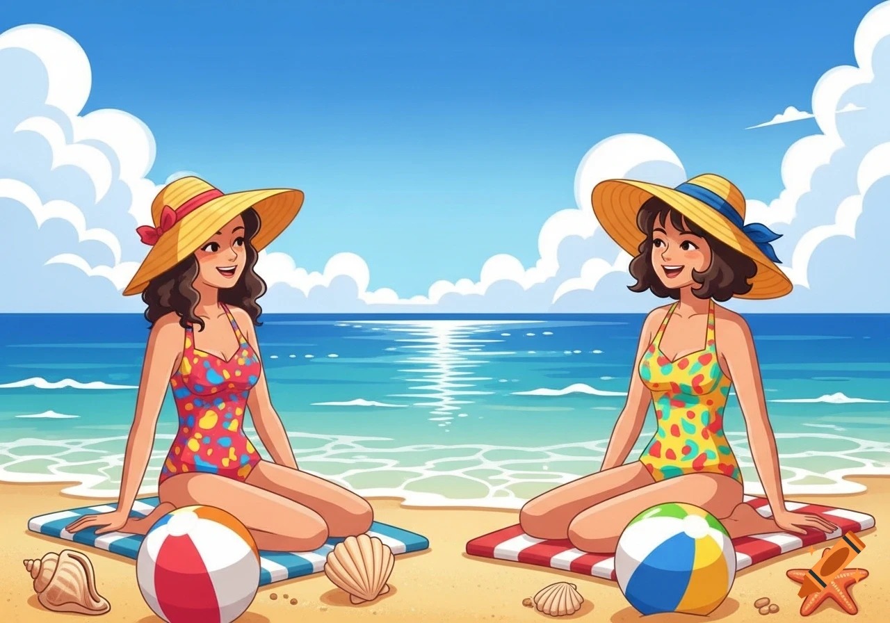 Two cartoon women in colorful swimsuits and sun hats sit on a sunny beach by the ocean.
