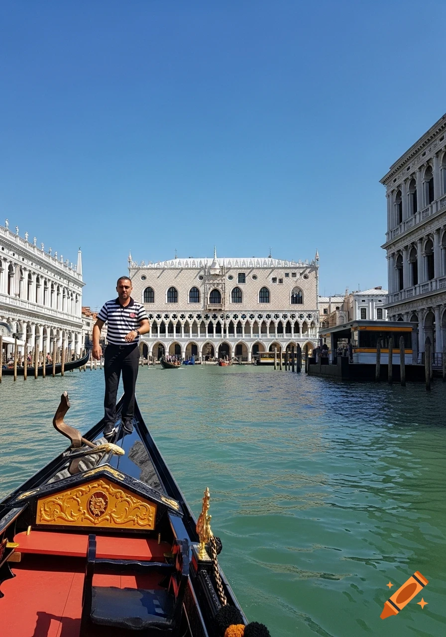 A man in a striped shirt stands on a gondola in Venice, with the historic Doge's Palace and other buildings along a canal under a clear blue sky.