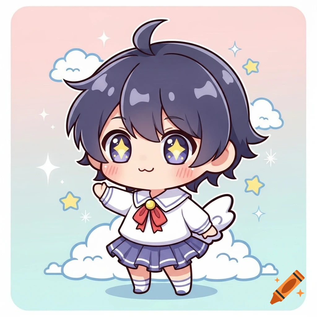 A cute chibi character with dark blue hair in a sailor uniform with a red bow tie and small wings, surrounded by clouds and stars.