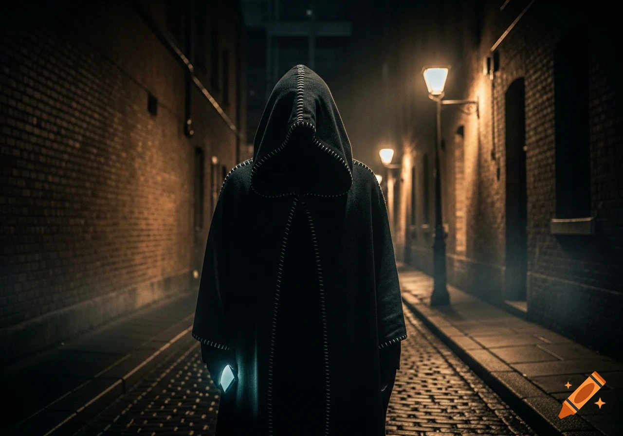A hooded figure stands in a dark, vintage-style cobblestone alley at night, holding a glowing object in their hand.