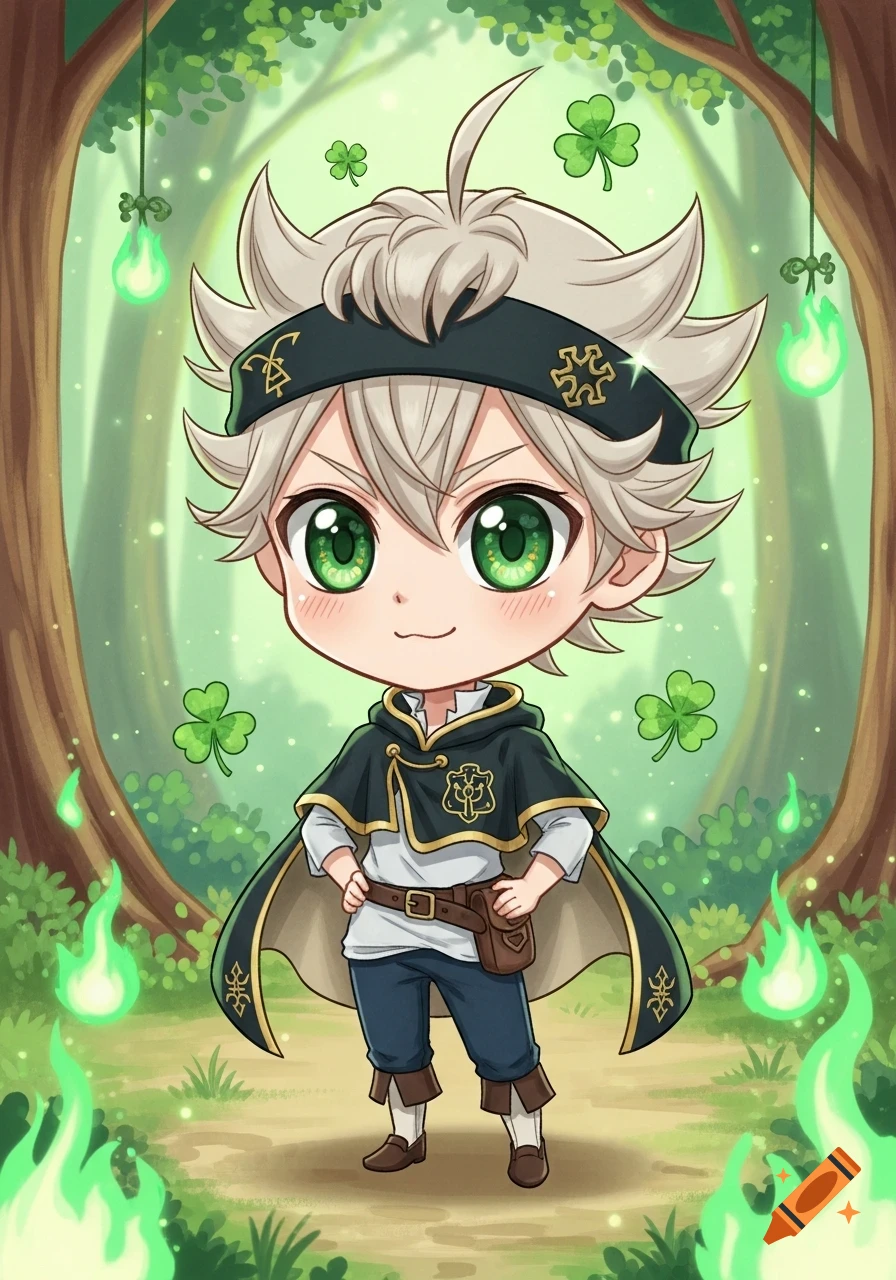 Chibi Asta from Black Clover, with spiky gray hair and green eyes, wearing a black and gold cape, stands in a magical forest with clovers and green flames.