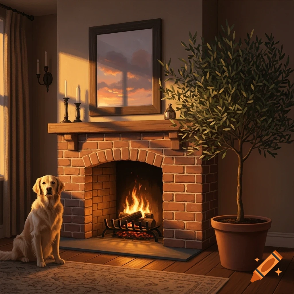 A golden retriever sits by a brick fireplace with a fire, an olive tree, and warm sunset light entering a cozy room.