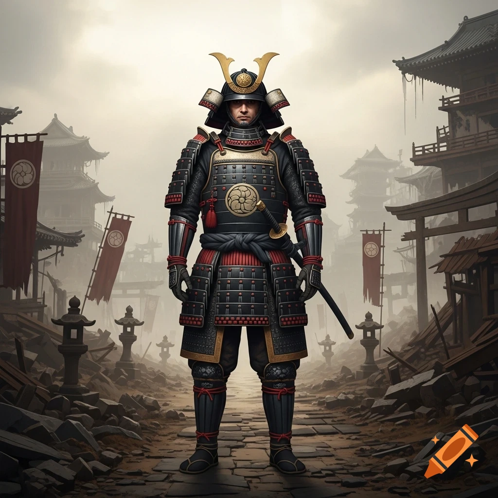 A photorealistic image of a samurai in black and red armor standing amidst the ruins of a Japanese village under a cloudy sky.