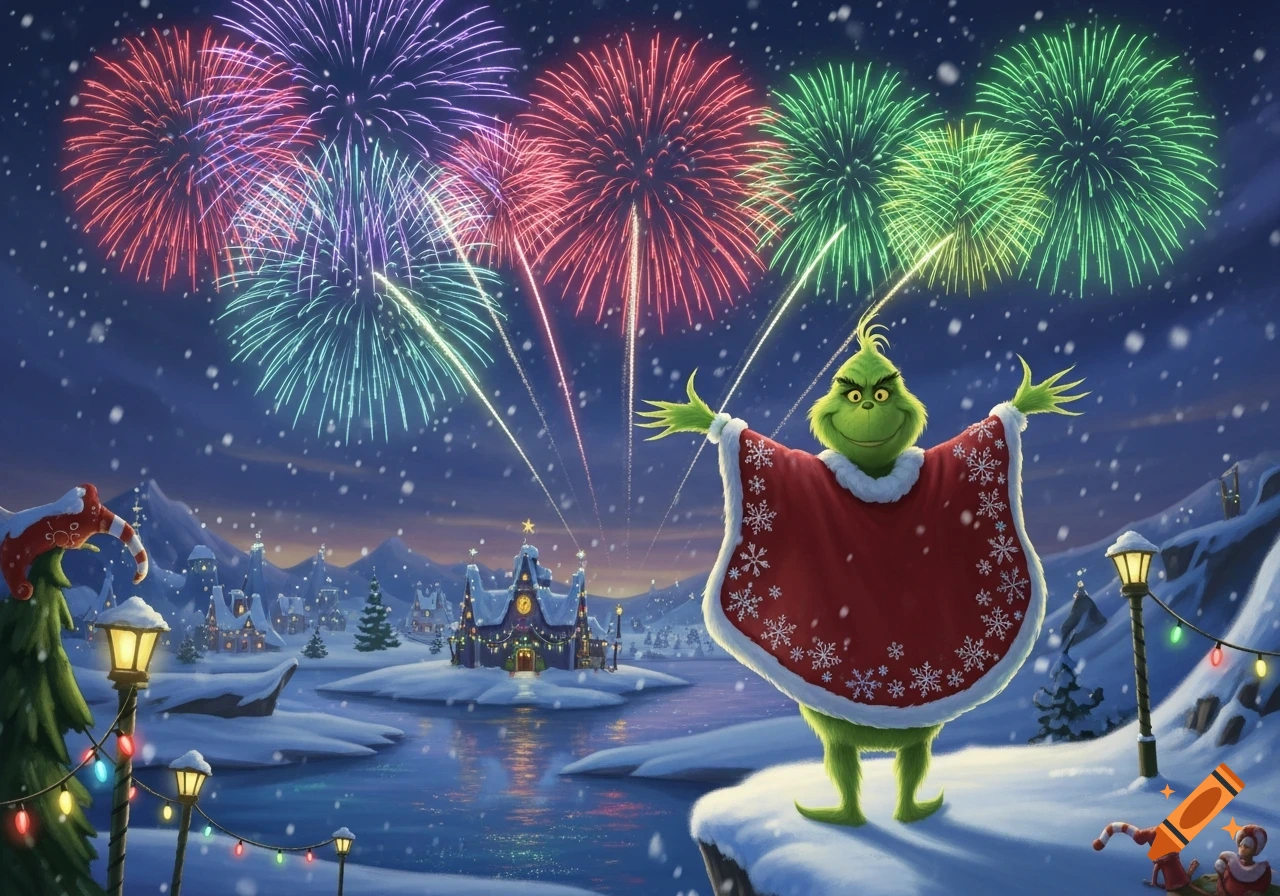 The Grinch in a red cloak stands on a snowy cliff with arms outstretched, watching colorful fireworks over a festive winter village.