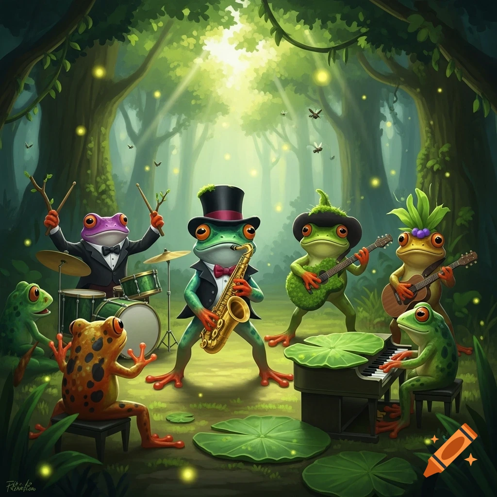 A whimsical cartoon frog band plays instruments in a magical, sunlit forest.