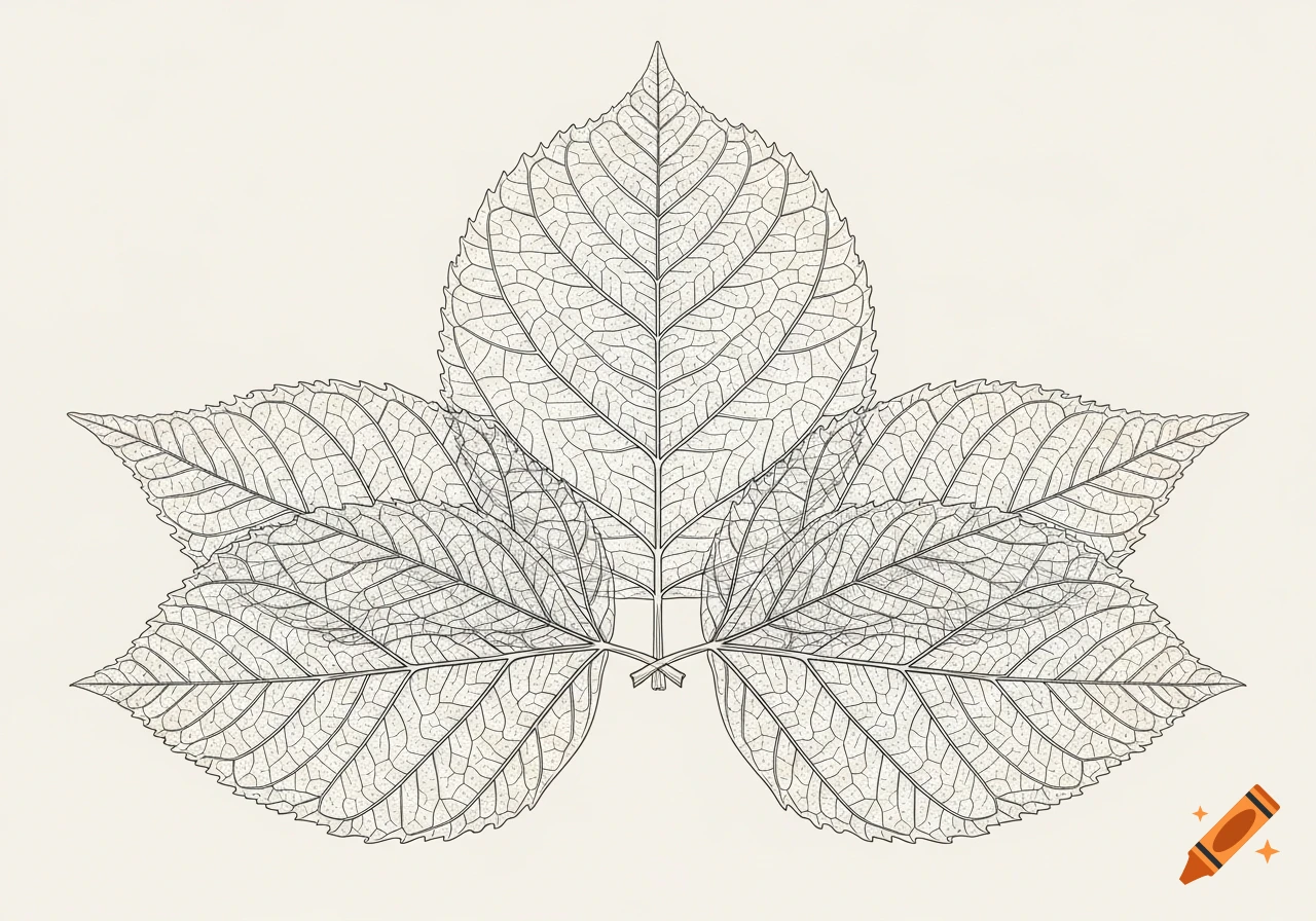 A symmetrical illustration of five stylized leaves with simple outlines and intricate vein patterns against a light background.
