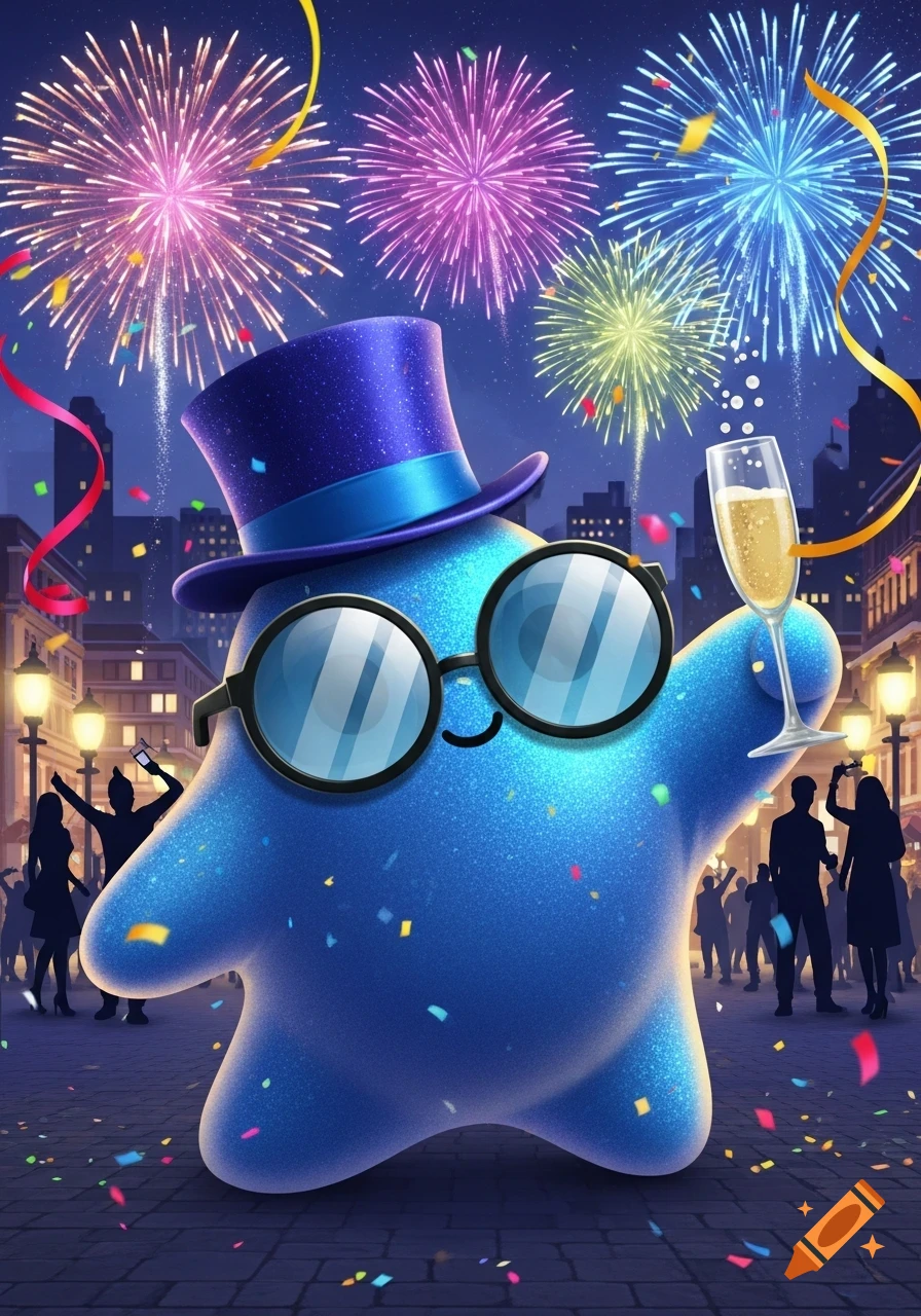 A glittery blue blob character with a top hat and glasses holds a champagne flute amidst colorful fireworks and confetti over a city at night.