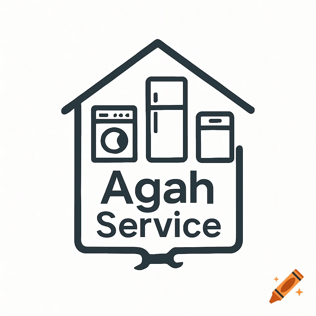 Agah Service logo featuring a house outline containing a washing machine, refrigerator, dishwasher, and a wrench.