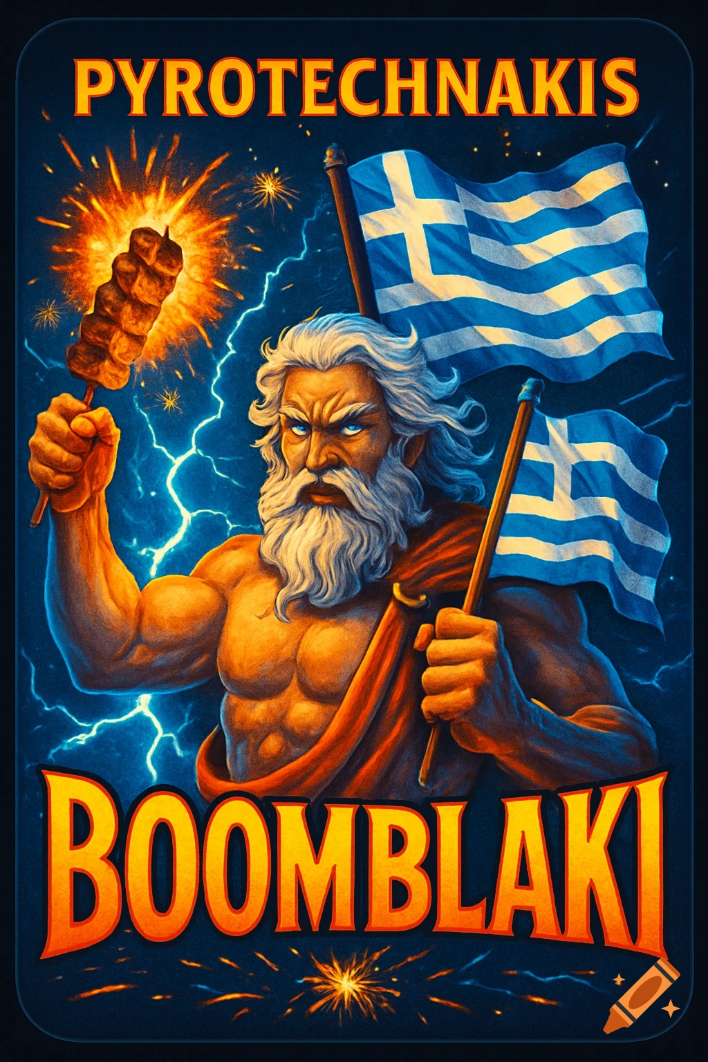 Muscular Zeus-like man with white beard and blue eyes, holding an exploding souvlaki skewer and two Greek flags against a lightning background. Text: PYROTECHNAKIS, BOOMBLAKI.