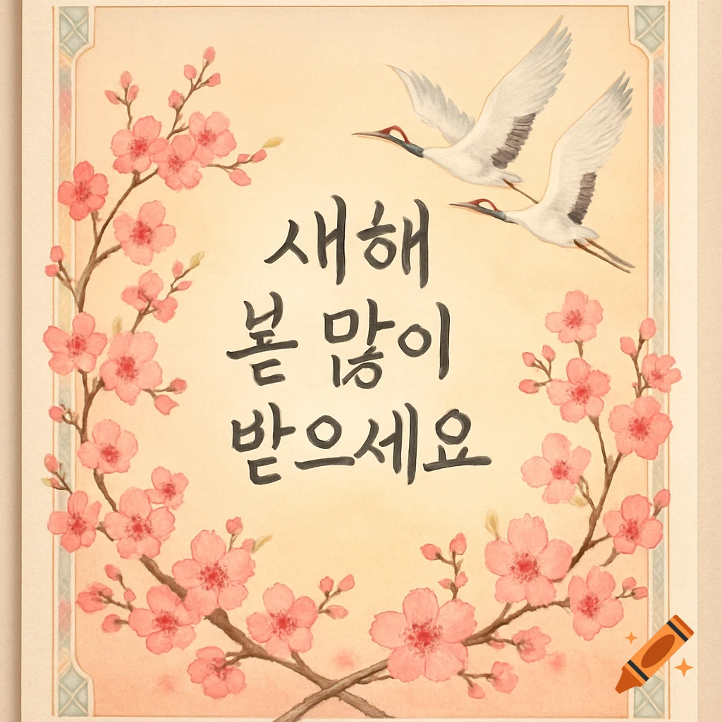 Watercolor Korean New Year's card with 'Happy New Year' text, pink cherry blossoms, and two flying cranes.