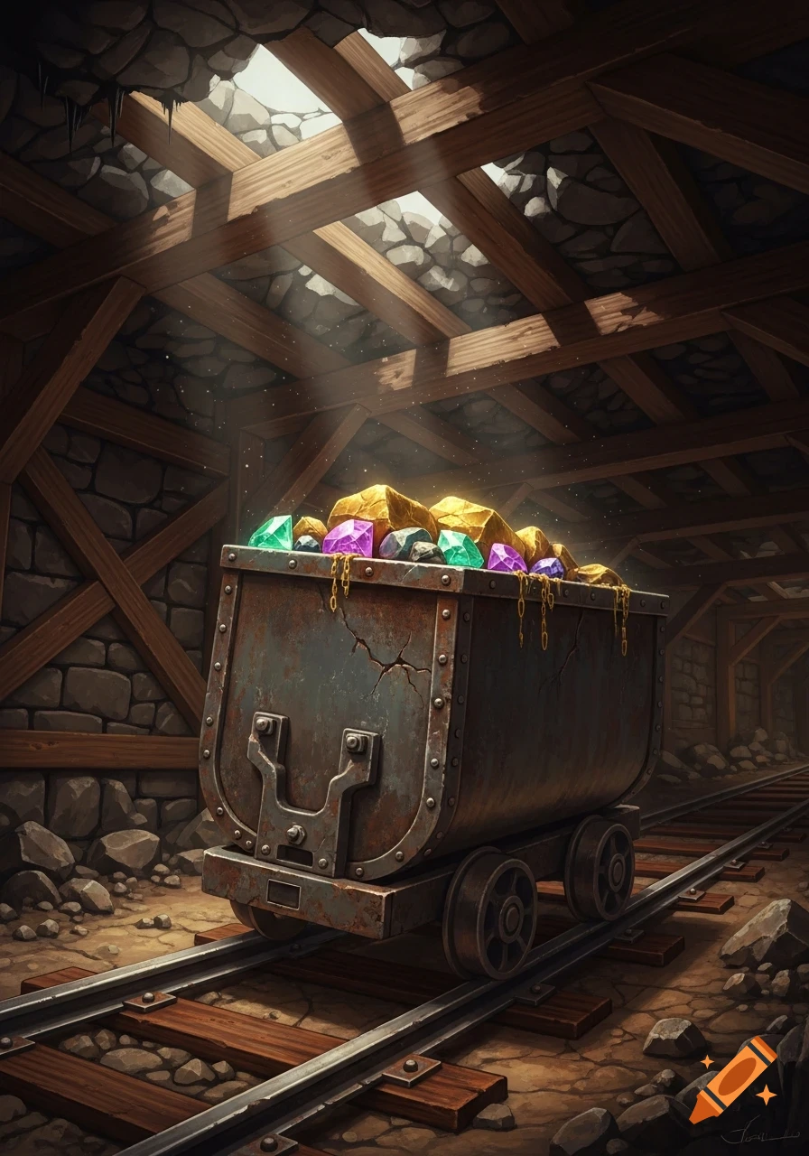A rusty minecart filled with gold and jewels on tracks in a dimly lit mine, light streaming from above. Illustrative style.