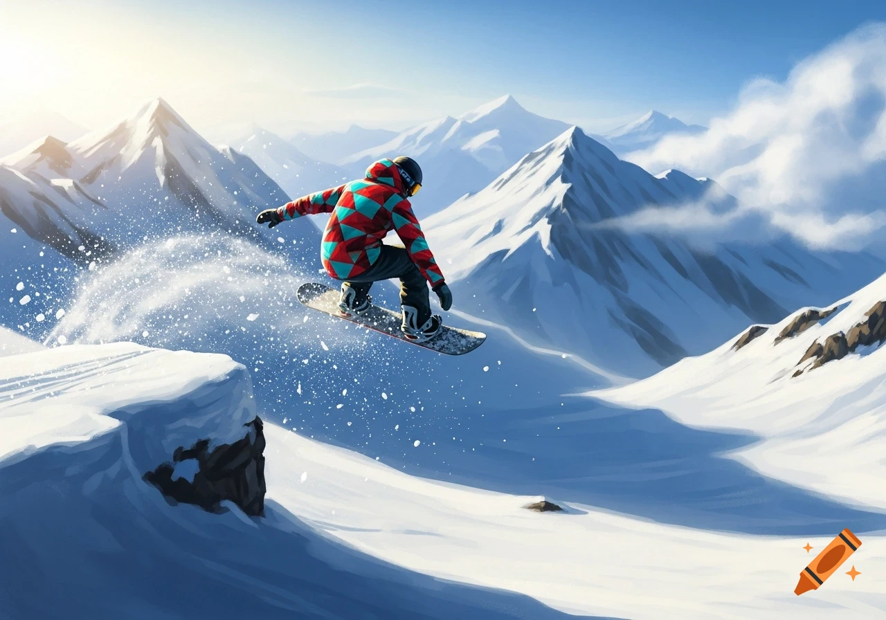 A snowboarder in a colorful patterned jacket jumps off a snow cliff, spraying snow, against a backdrop of vast snowy mountains under a bright sky.