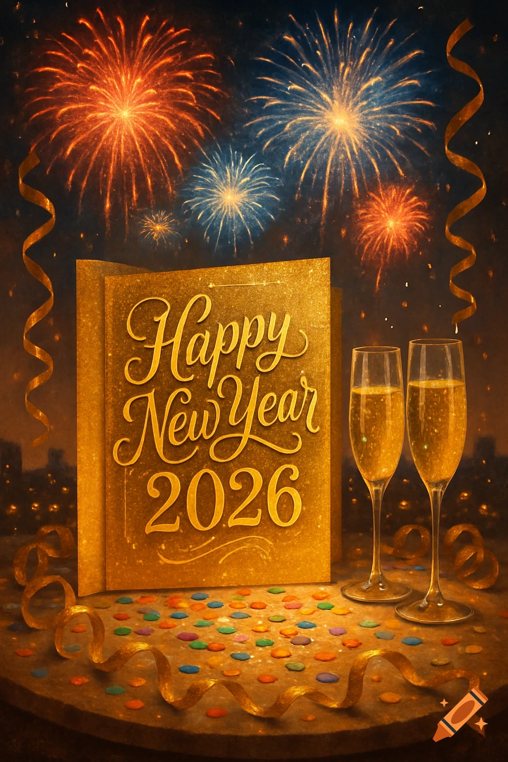 A festive New Year's scene with colorful fireworks, a golden 'Happy New Year 2026' sign, two champagne flutes, confetti, and gold ribbons.