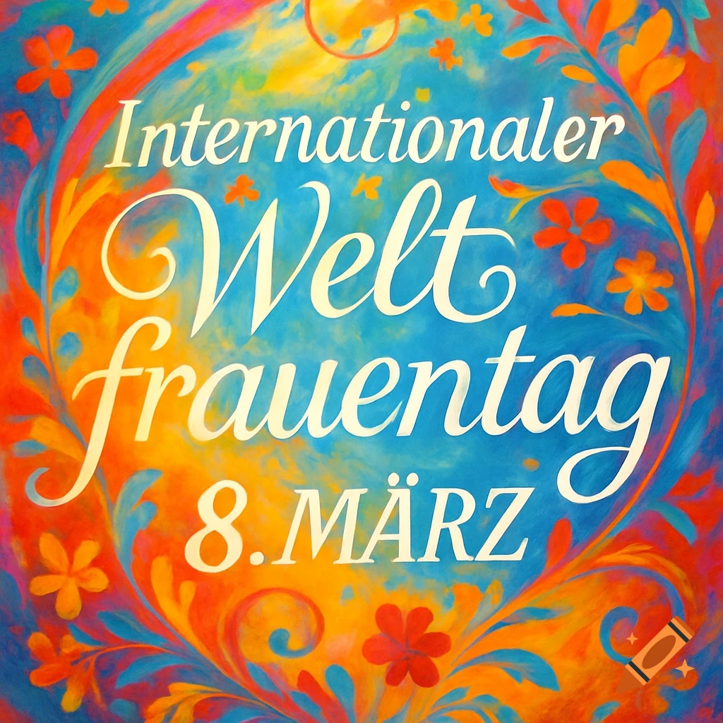 Vibrant, artistic poster for International Women's Day with 'Internationaler Weltfrauentag 8. MÄRZ' text and colorful floral swirls.