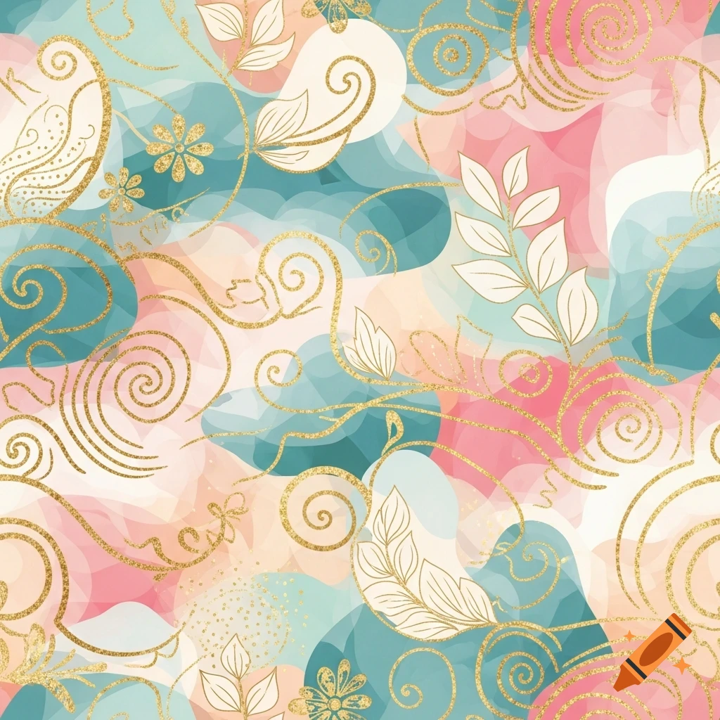 Seamless aesthetic pattern with pastel watercolor shapes and intricate gold glitter floral and vine motifs with white leaves.