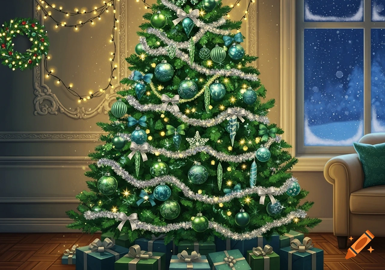 A decorated Christmas tree with green and blue ornaments, silver tinsel, and string lights, surrounded by presents, next to a window showing a snowy night.