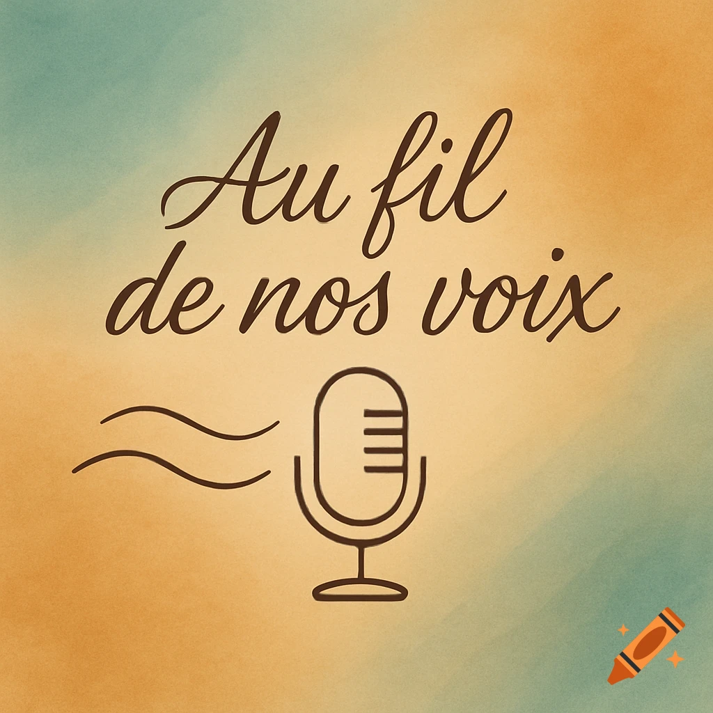 A podcast logo featuring 'Au fil de nos voix' in brown script font above a brown outline of a microphone icon, all on a teal and orange gradient background.