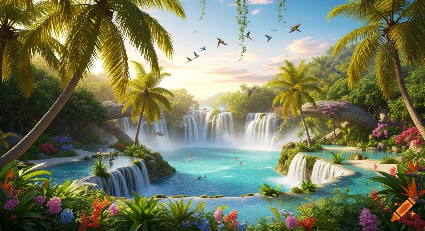 Photorealistic tropical paradise with serene waterfalls, turquoise pools, lush palm trees, and colorful birds under a golden sky.