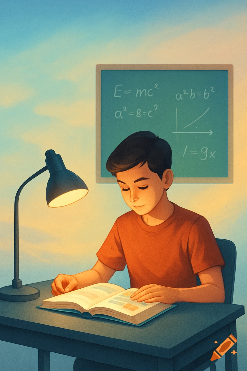 A boy studies a book at a desk under a lamp, with a blackboard showing math equations and a graph in the background, in an illustrative style.