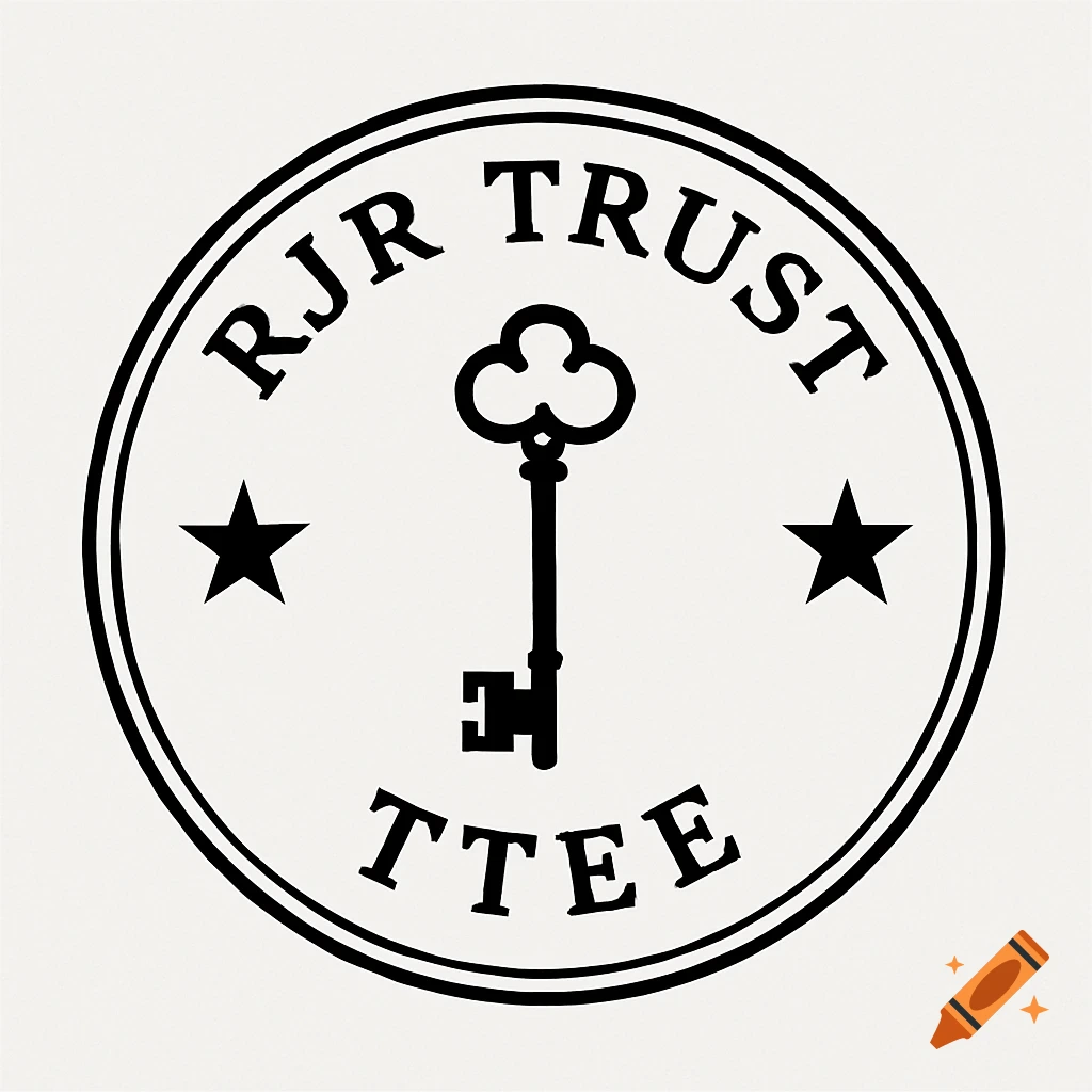 Black and white circular corporate seal with 'RJR TRUST' text, 'TTEE' text, a skeleton key, and two stars.