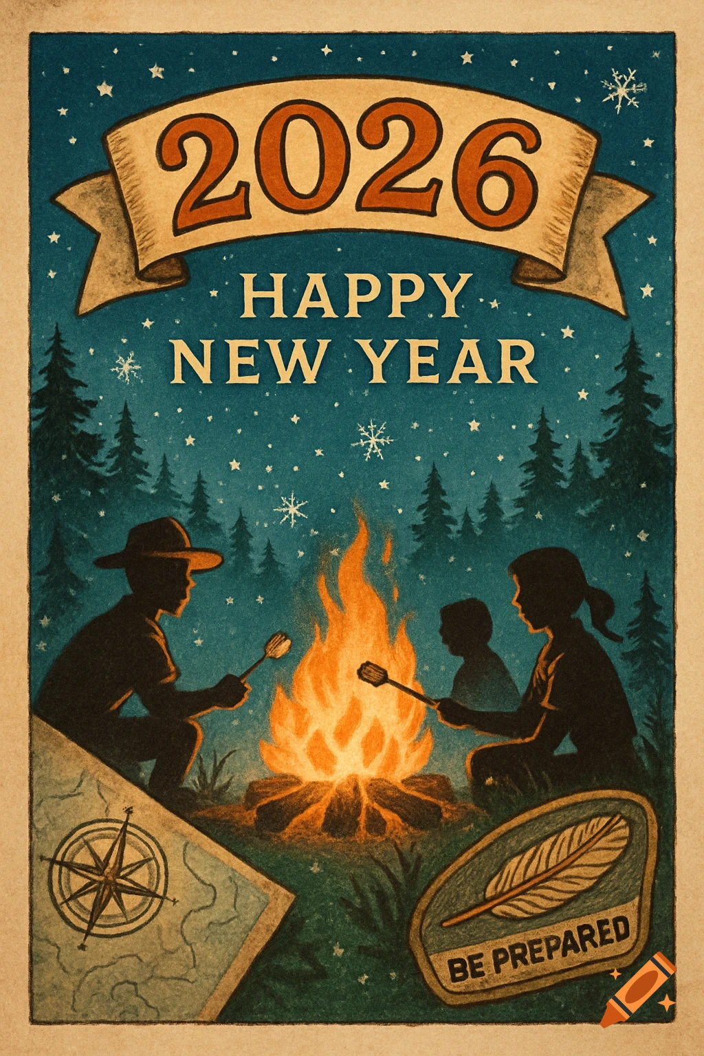 Vintage illustration New Year 2026 greeting card with scouts roasting marshmallows around a campfire at night.