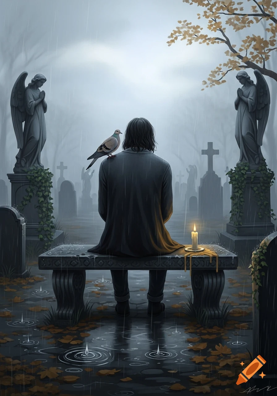 A lone person sits on a bench in a rainy graveyard with a dove on their shoulder and a lit candle. Digital art.