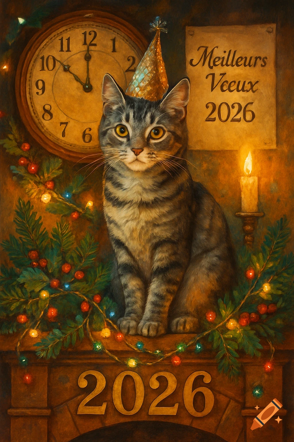 A painterly tabby cat wearing a party hat sits on a festive mantel with lights, clock, candle, and 'Meilleurs Voeux 2026' text.