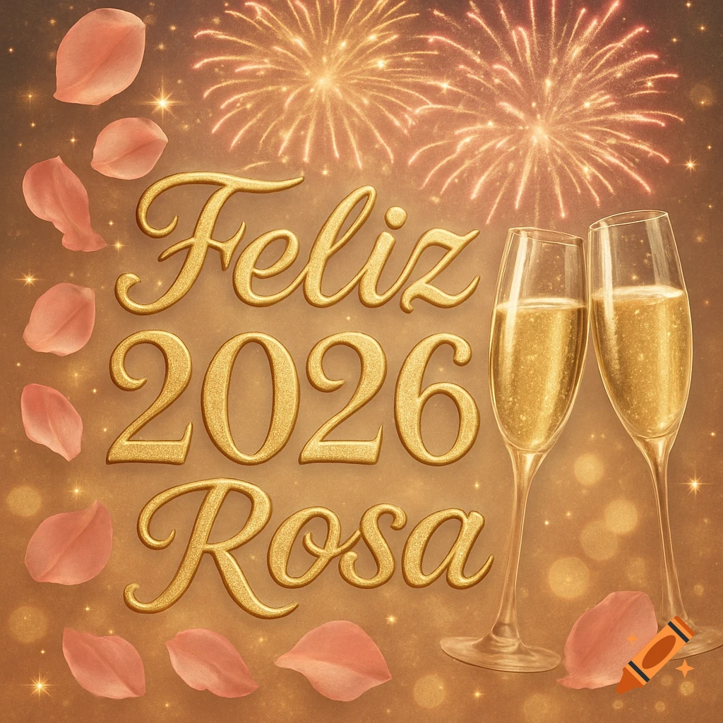 A festive New Year's card with "Feliz 2026 Rosa" in gold script, featuring fireworks, champagne glasses, and pink rose petals on a golden background.