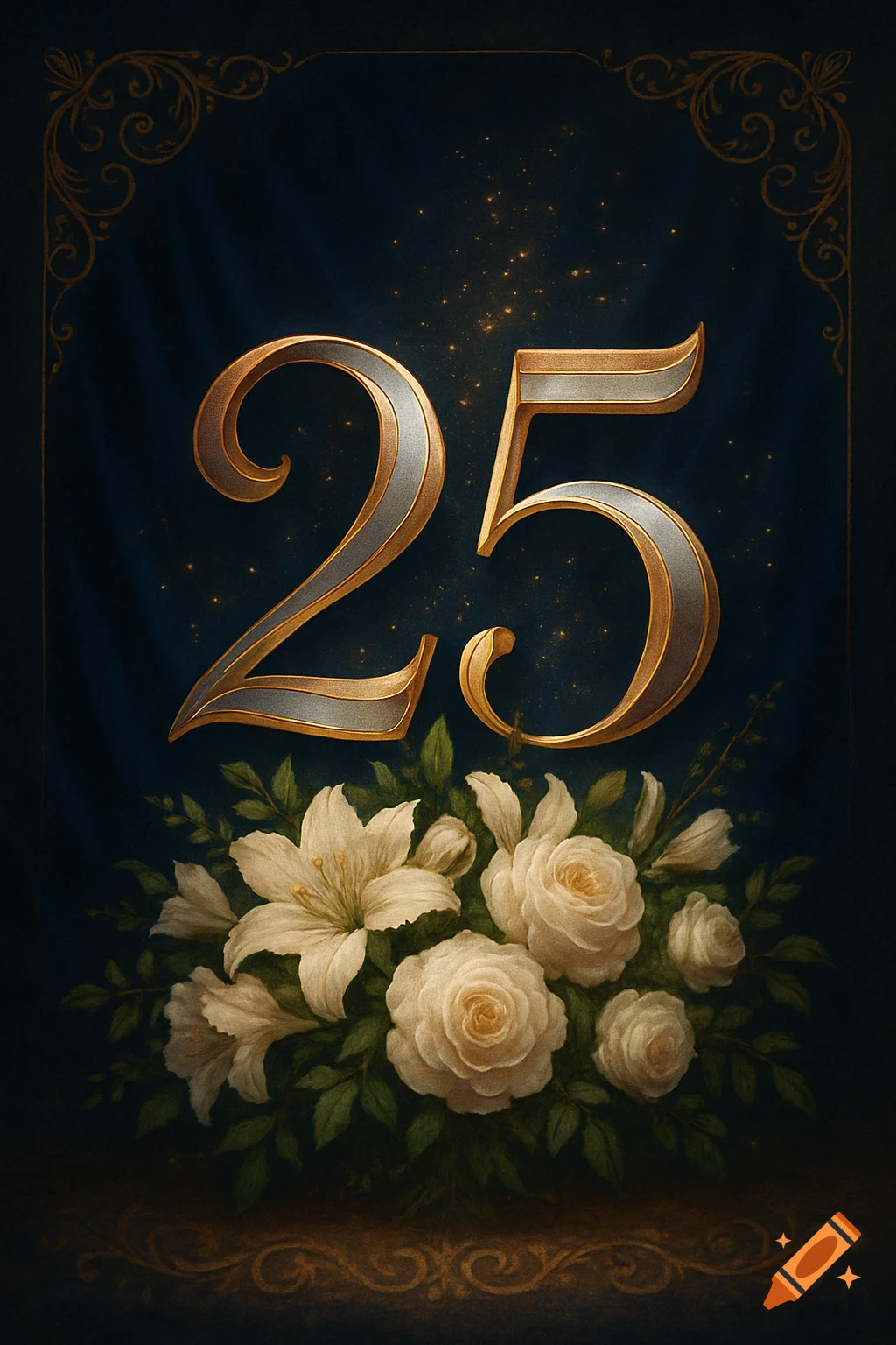 Elegant metallic gold and silver number 25 surrounded by white lilies and roses on a dark blue background with gold scrollwork and glitter.