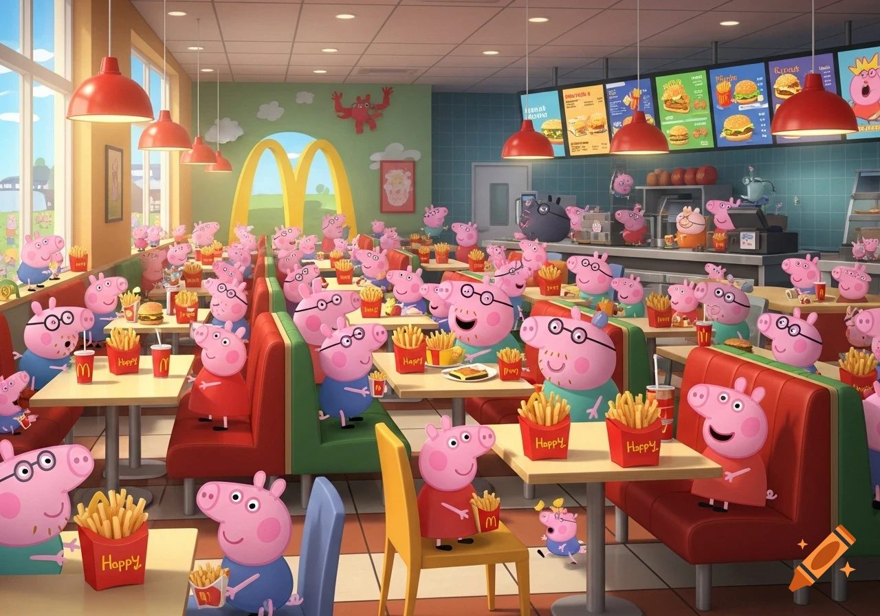 A crowded McDonald's-style restaurant filled with hundreds of Peppa Pig characters eating burgers and fries, with golden arches visible outside.