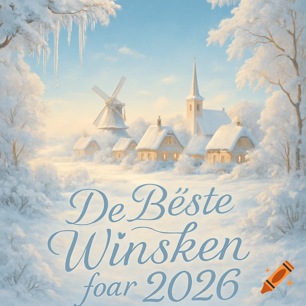 A picturesque snowy village with a windmill, church, and houses, featuring the text 'De Béste Winsken foar 2026'.