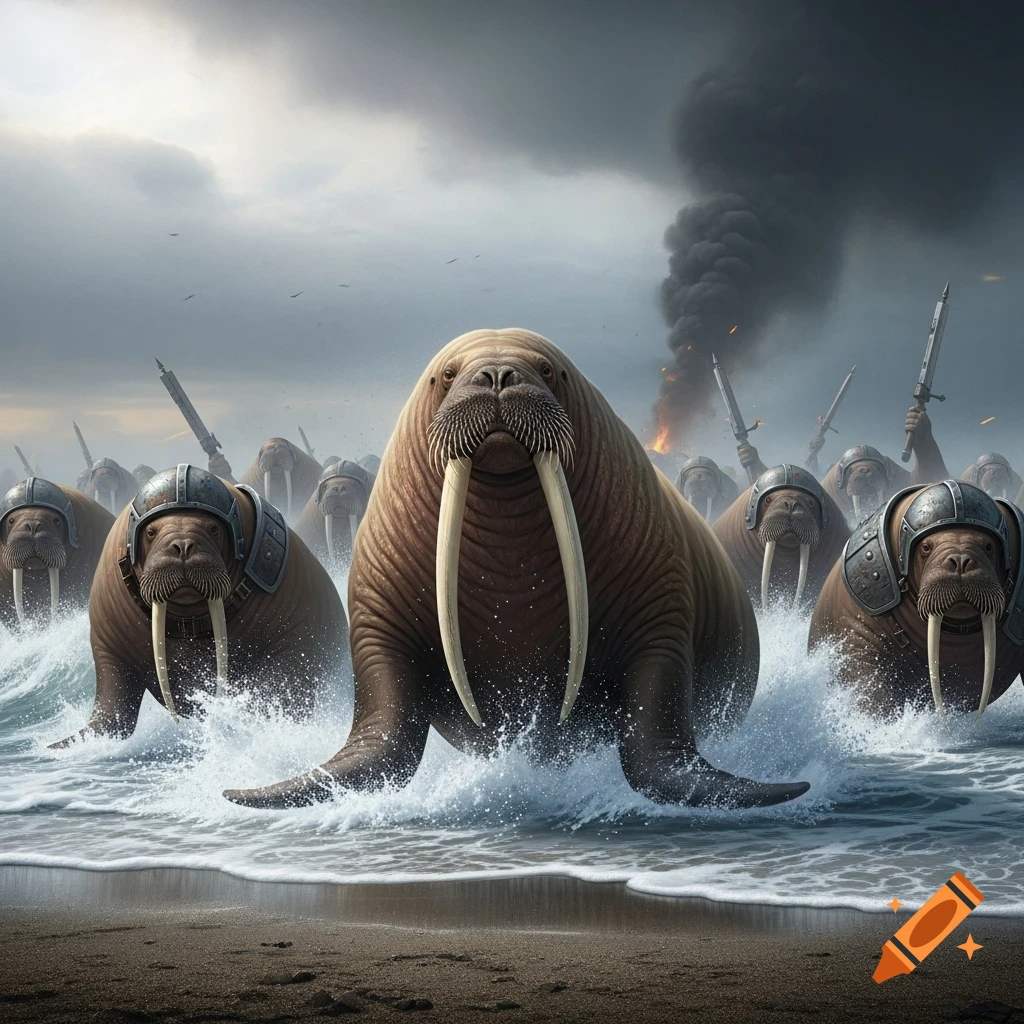 An army of walruses in helmets charges out of the ocean onto a sandy beach under a stormy sky, with smoke and fire in the distance.