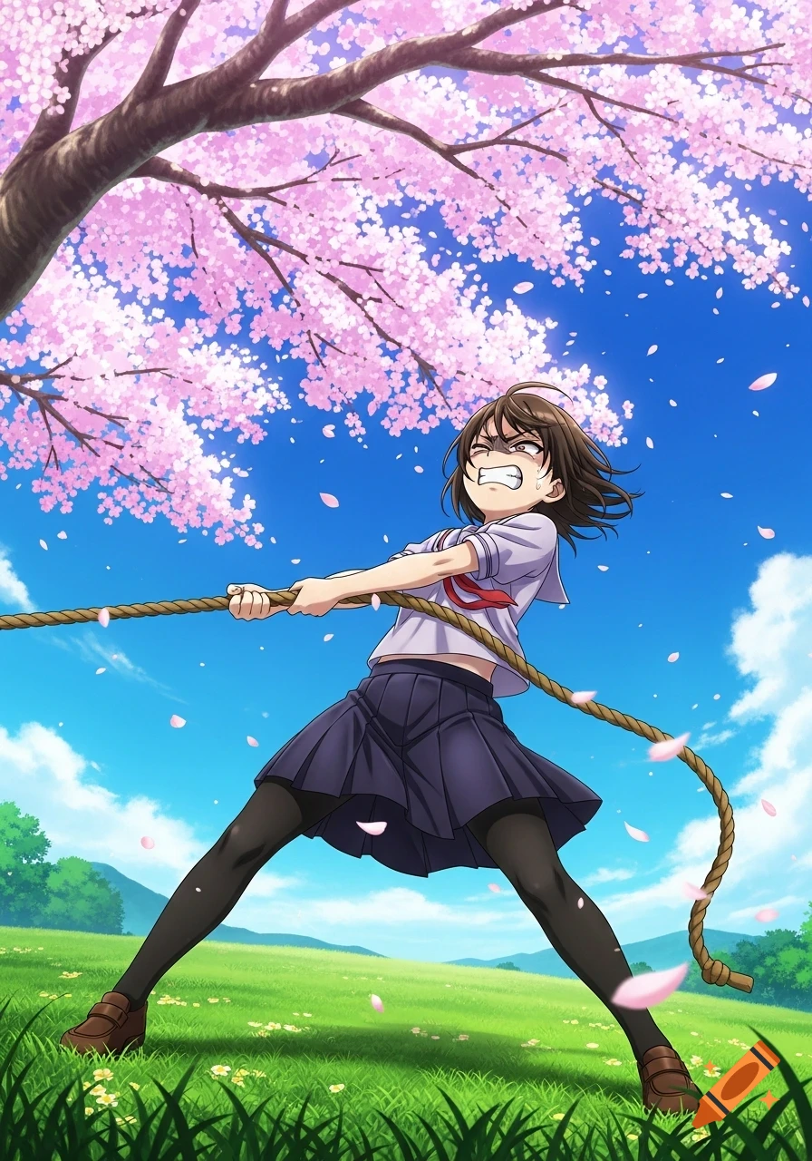 Anime girl with a strained expression, pulling a rope in a tug-of-war ...