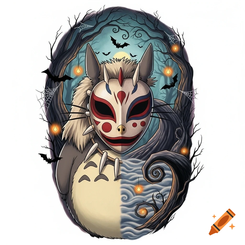 A stylized Totoro creature wearing a white, red, and blue Princess Mononoke mask stands in a spooky forest with bats and spiderwebs.